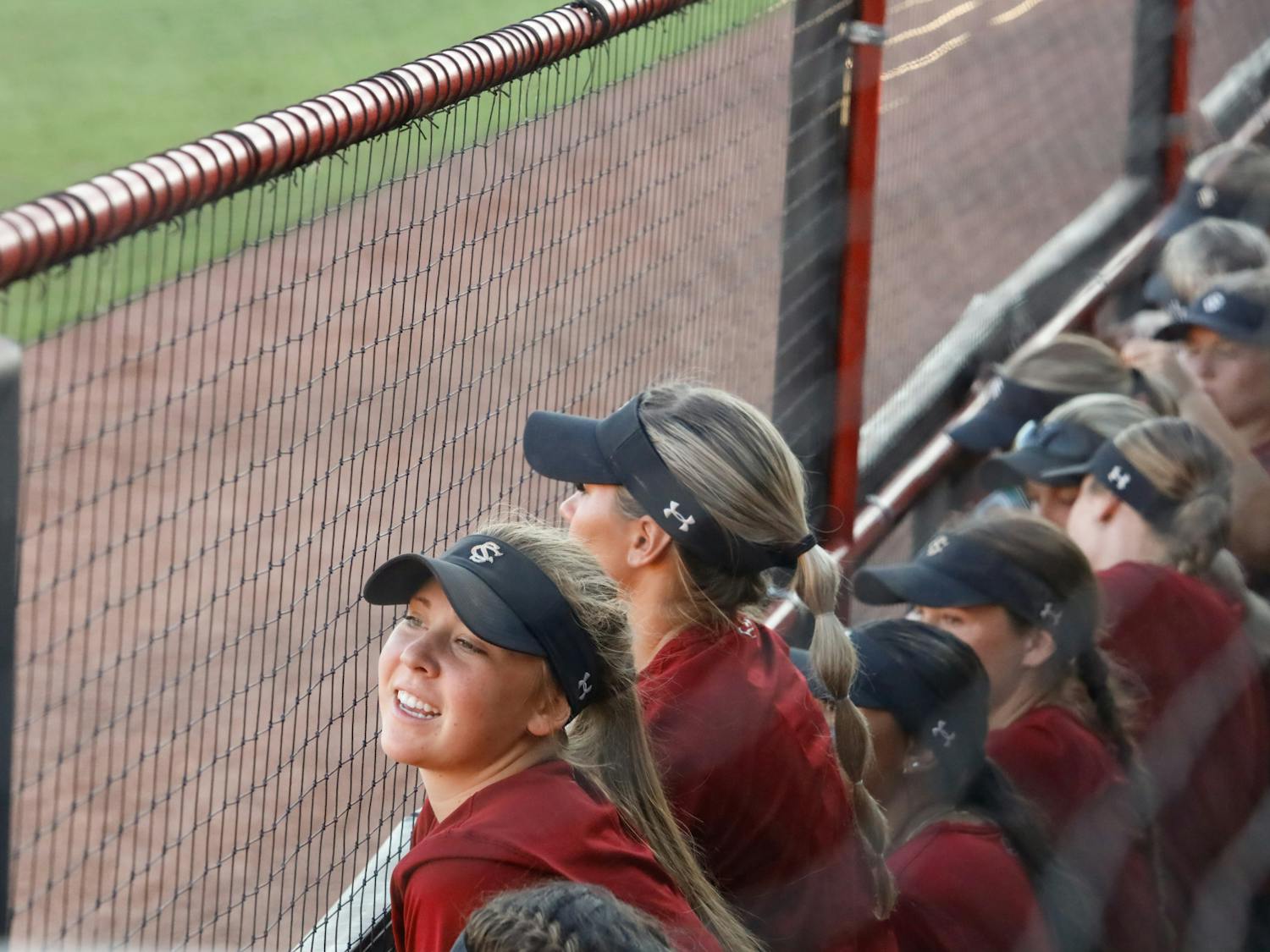 Freshman infielder Karley Shelton cheers on her Gamecock teammates during the game against USC Beaufort at Beckham Field on Oct. 7, 2023. South Carolina won the exhibition game 3-0.