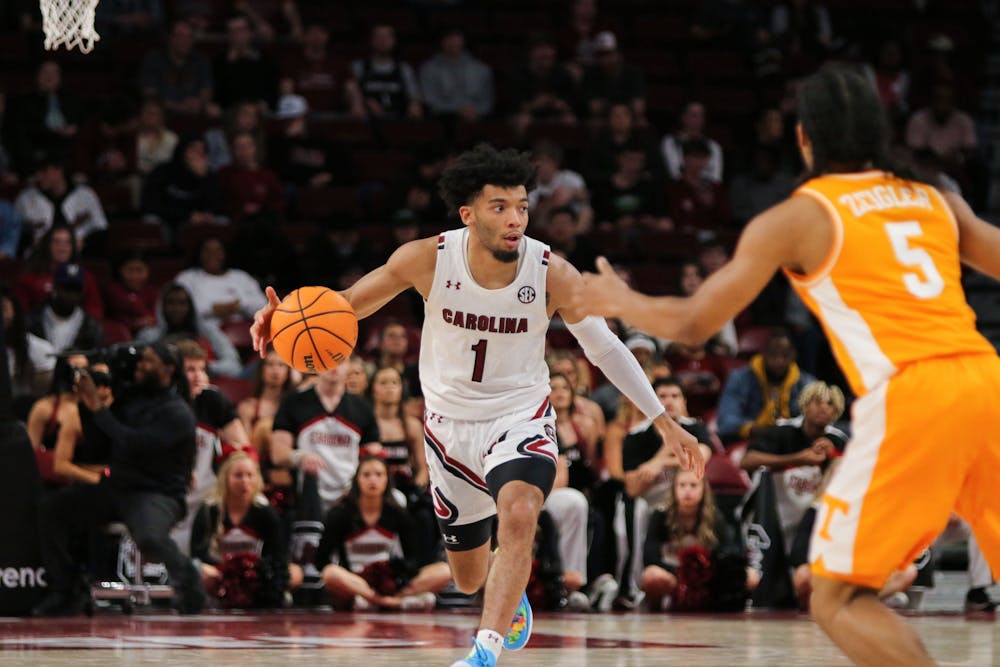<p>FILE—Sophomore guard Jacobi Wright brings the ball up the court on Jan. 7, 2023. The Gamecocks lost to Tennessee 85-42.</p>