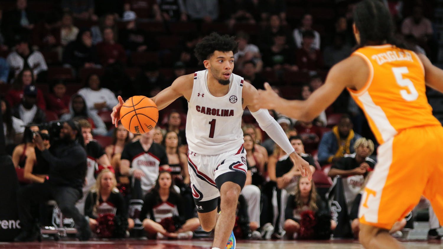 FILE—Sophomore guard Jacobi Wright brings the ball up the court on Jan. 7, 2023. The Gamecocks lost to Tennessee 85-42.