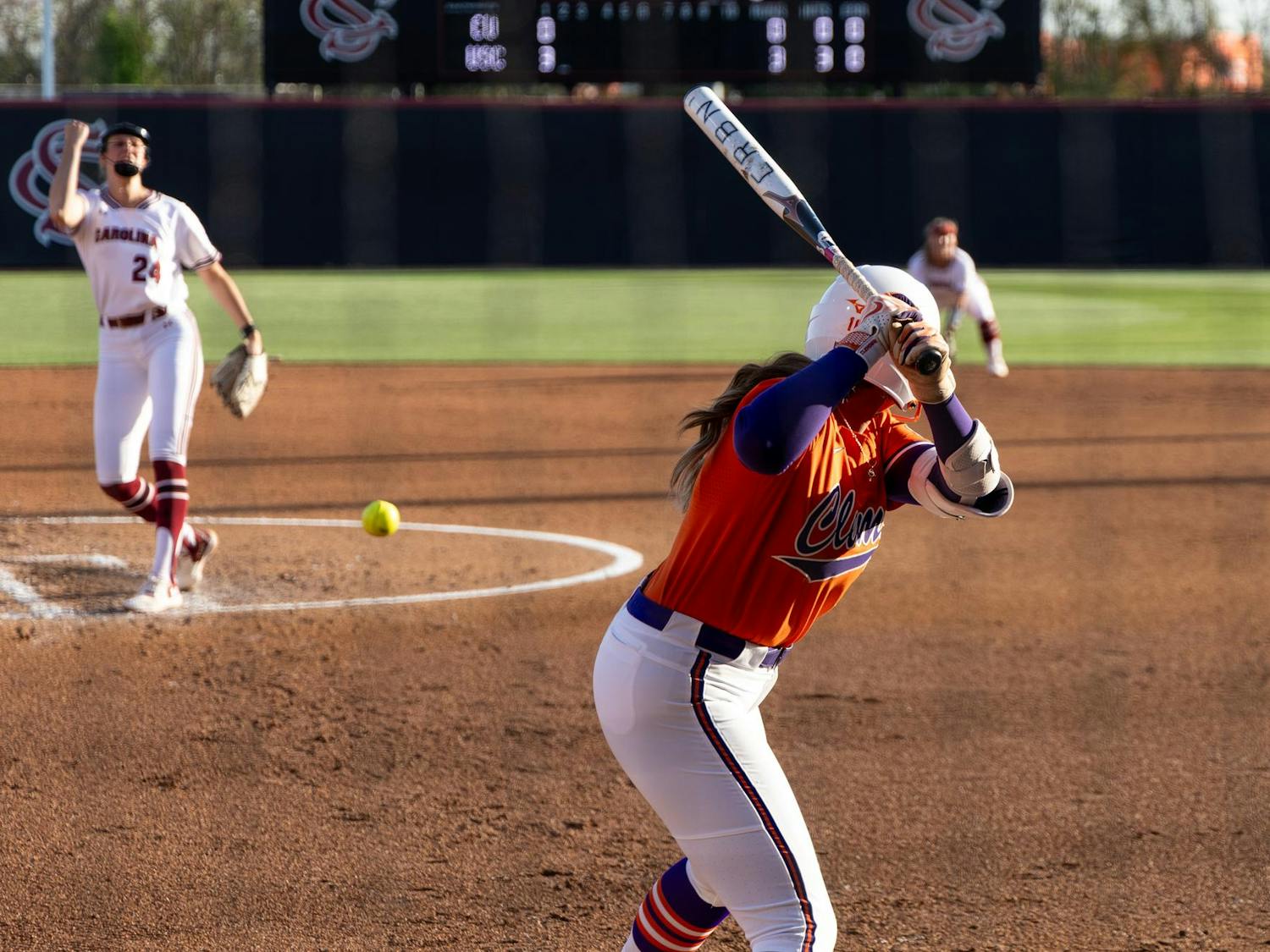 FILE — Sophomore pitcher Nealy Lamb pitches to a Clemson hitter during South Carolina's matchup on March 25, 2025, at Carolina Softball Stadium. The Gamecocks lost to the Tigers on April 15 but still remain ahead of Clemson in points for the annual Palmetto Series.