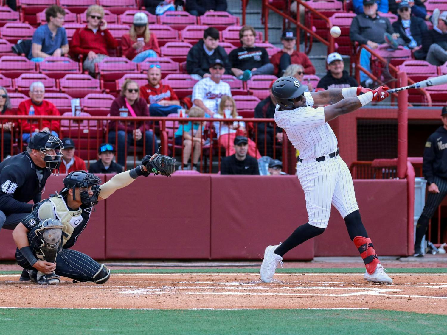 Junior outfielder Kennedy Jones swings at a pitch during the Gamecocks’ 8-4 victory over the Commodores on March 23, 2024. Jones contributed 1 home run and 2 runs batted throughout the South Carolina's three games against Vanderbilt.