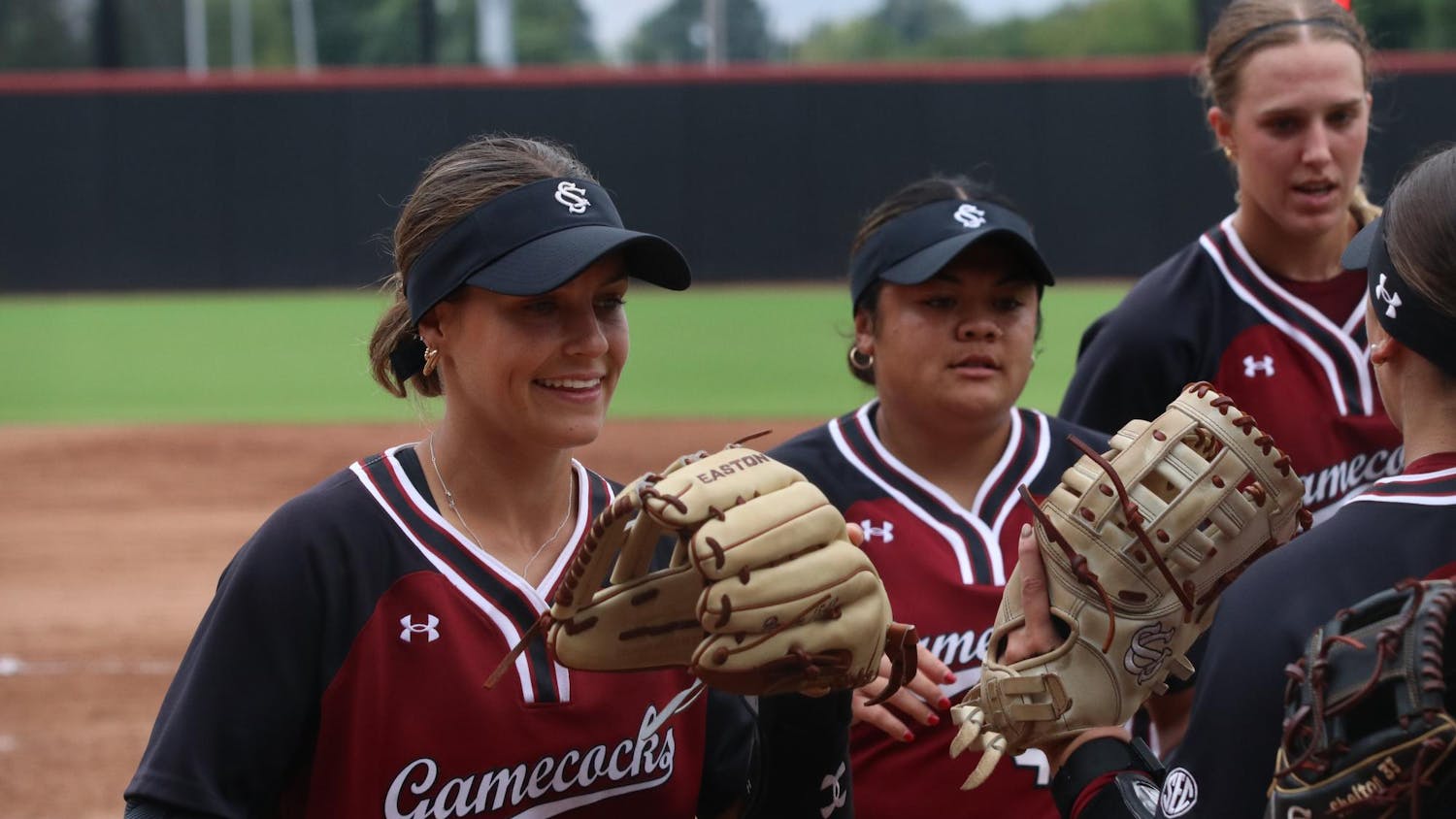 Junior outfielderTori Ensley celebrates with her teammates after a good play in Carolina Softball Stadium at Beckham Field on September 28, 2025. The Gamecocks were victorious against Winthrop 14-4. 