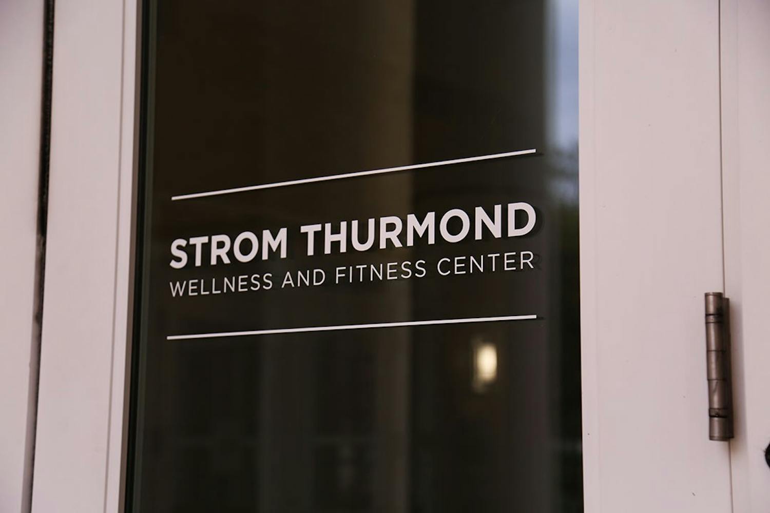 A door marks the entrance to the Strom Thurmond Wellness and Fitness Center.