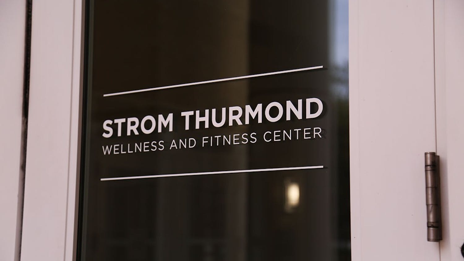 A door marks the entrance to the Strom Thurmond Wellness and Fitness Center.
