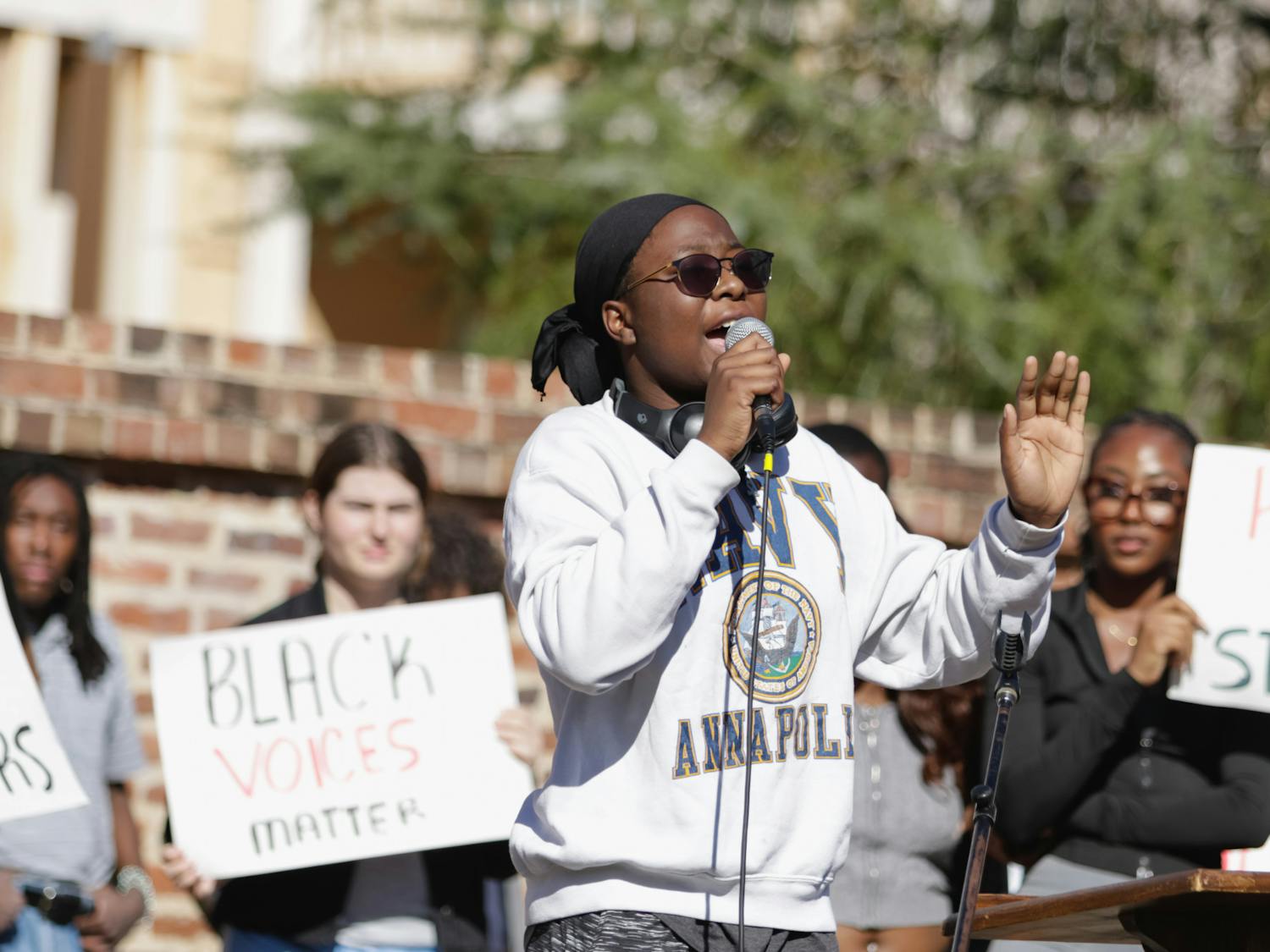 A protester speaks about institutional racism at the University of South Carolina on Jan. 20, 2023. The protest was organized by Courtney McClain, a fourth-year broadcast journalism student and the president of the SC NAACP Y&amp;C Division.