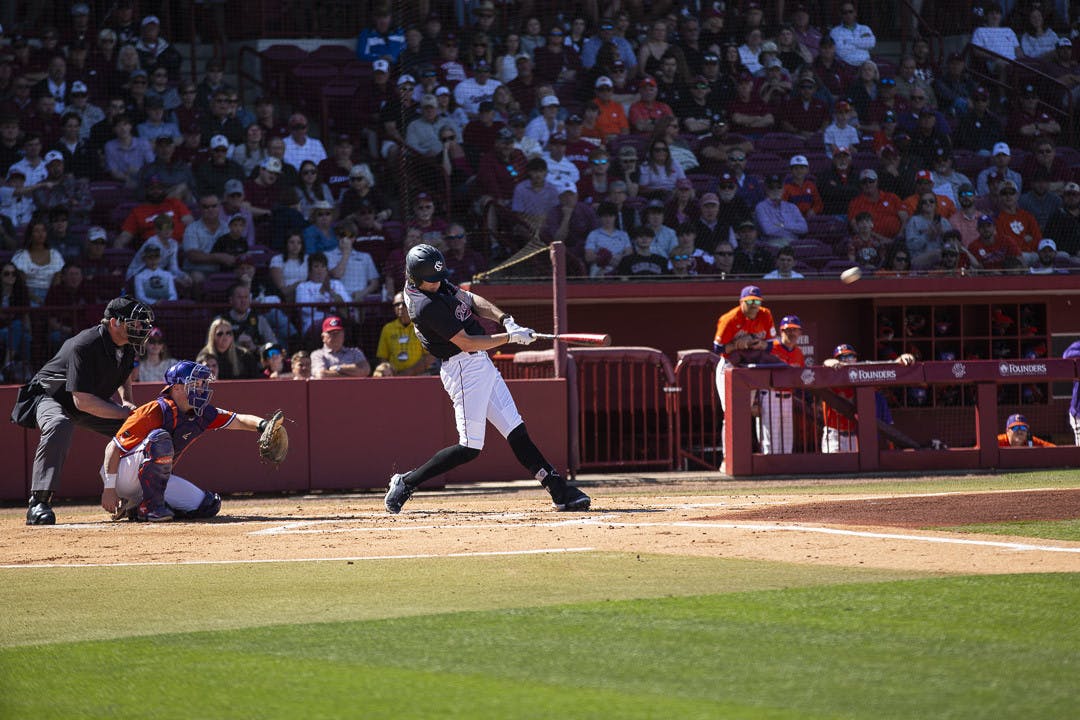 Senior infielder Braylen Wimmer hits a double during the second inning of the game against Clemson at Founders Park on March 5, 2023. The Gamecocks beat the Tigers 7-1.