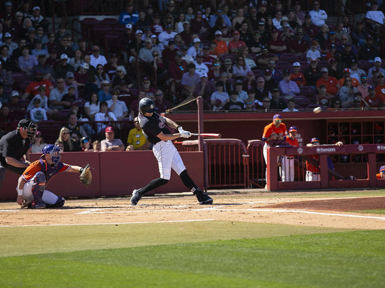 Senior infielder Braylen Wimmer hits a double during the second inning of the game against Clemson at Founders Park on March 5, 2023. The Gamecocks beat the Tigers 7-1.