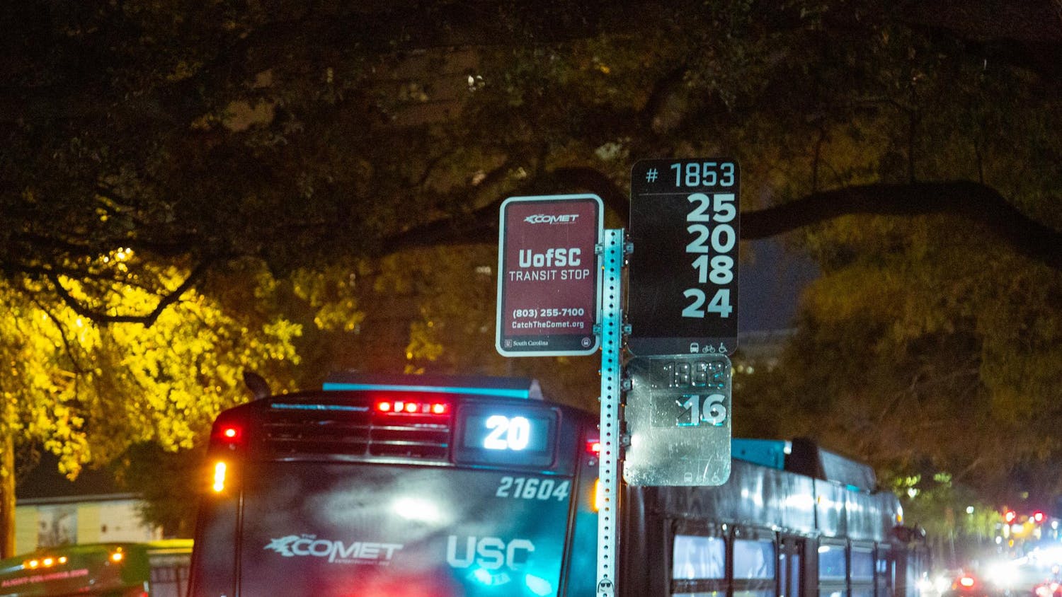 A view of the USC shuttle sign outside of the Horseshoe on Dec. 4, 2024. In January, USC is offering a new nighttime shuttle for students.