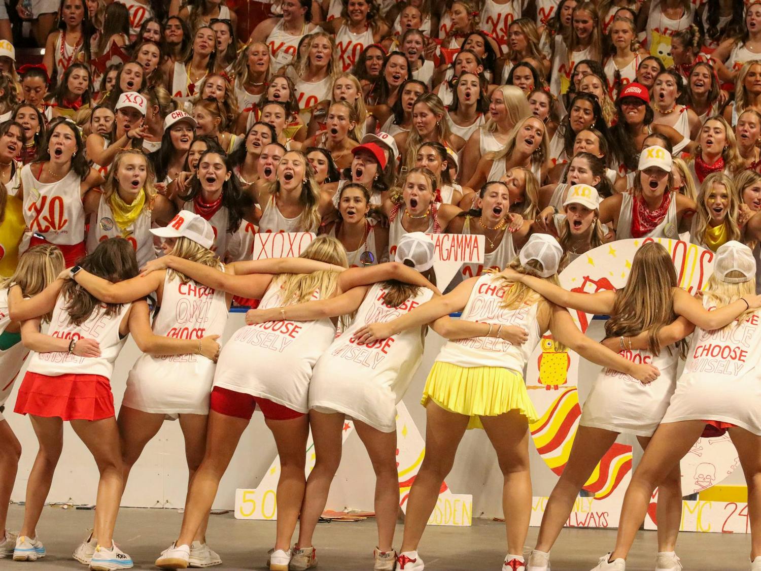 Members of Chi Omega cheer as they wait for their new members to arrive at Colonial Life Arena for bid day on Aug. 25, 2024. The chapters were excited to finally welcome the latest members of their sorority.