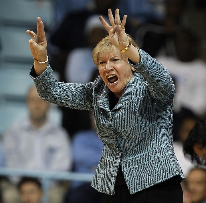 North Carolina head coach Sylvia Hatchell screams at her team in the closing minute against Duke at Carmichael Arena in Chapel Hill, North Carolina, Sunday, February 26, 2012. Duke defeated UNC, 69-63. (Chuck Liddy/Raleigh News &amp; Observer/MCT)