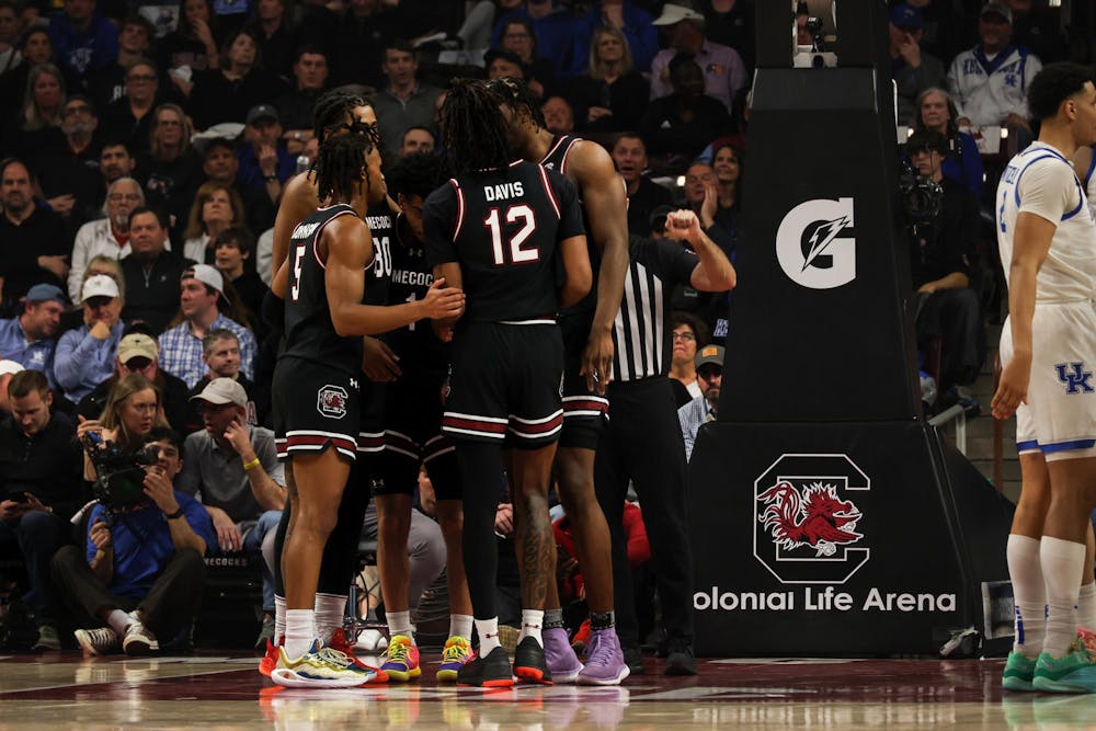 <p>FILE - The South Carolina men's basketball team huddle together during their game against Kentucky on Jan. 23, 2024 at Colonial Life Arena. The Gamecocks will open their season on Nov. 4, 2024 against North Florida.</p>