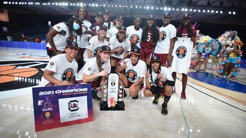 <p>The Gamecock women's basketball team after the Battle 4 Atlantis championship. No. 1 South Carolina beat No. 2 UConn 73-57 in its final matchup of the championship.</p>