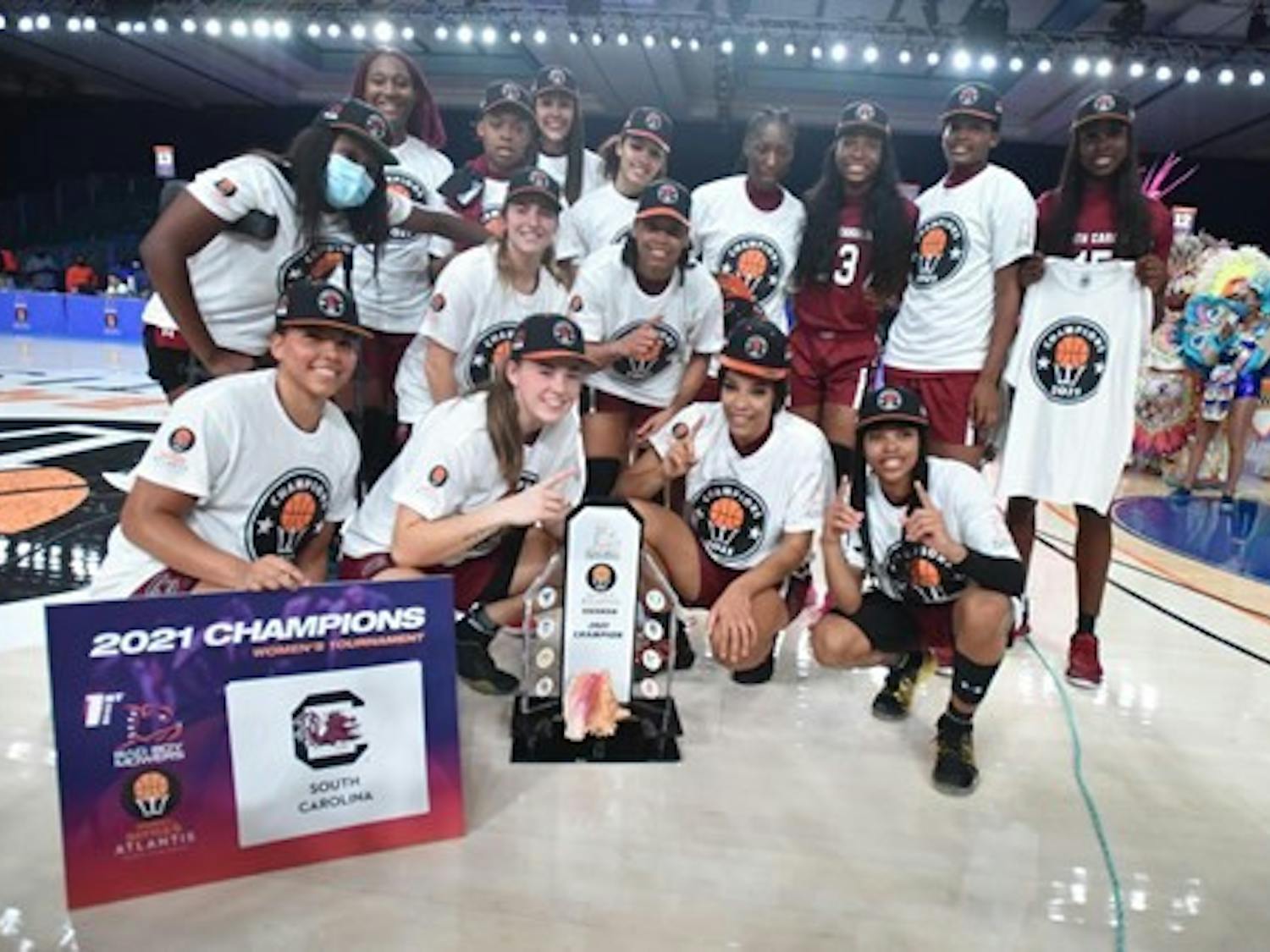 The Gamecock women's basketball team after the Battle 4 Atlantis championship. No. 1 South Carolina beat No. 2 UConn 73-57 in its final matchup of the championship.