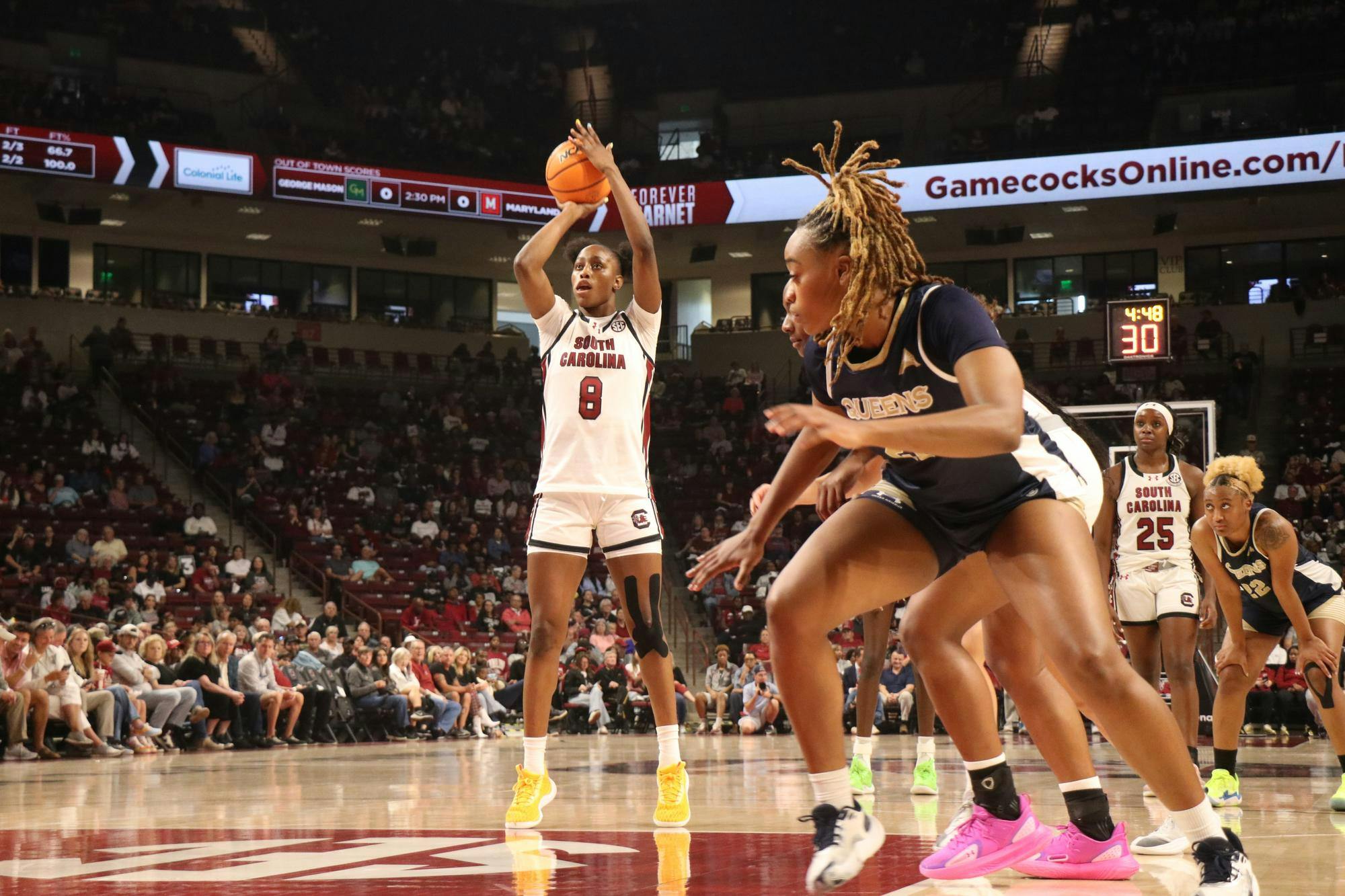 Sophomore forward Joyce Edwards shoots a free throw on Nov. 23, 2025, at Colonial Life Arena against Queens University of Charlotte. Edwards surpassed her season high with 25 points.&nbsp;