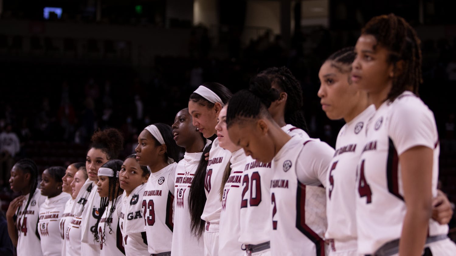 FILE—The South Carolina women's basketball team lines up on the court at Colonial Life Area in Columbia, SC on Feb. 13, 2022.&nbsp;