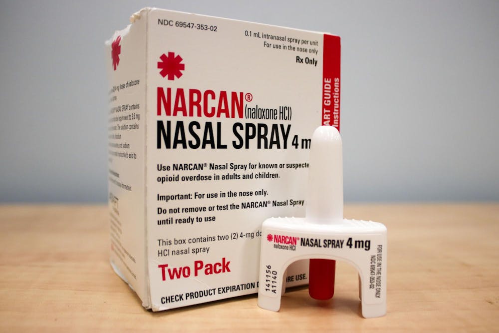 <p>A photo illustration of a box of Narcan and a nasal spray container. Narcan is a brand name for the medication Naloxone, which is used to reverse opioid overdoses.</p>