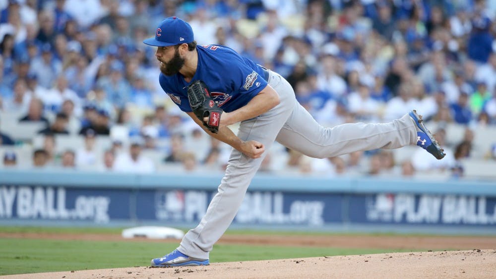 Chicago Cubs starting pitcher Jake Arrieta works against the Los Angeles Dodgers in the first inning during Game 3 of the National League Championship Series at Dodger Stadium in Los Angeles on Tuesday, Oct. 18, 2016. (Nuccio DiNuzzo/Chicago Tribune/TNS)