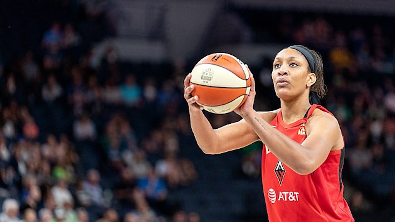A'ja Wilson shooting a free throw during a game between the Minnesota Lynx and Las Vegas Aces at Target Center in Minneapolis, M.N. on June 1, 2019. The Aces won the game 80-75.
