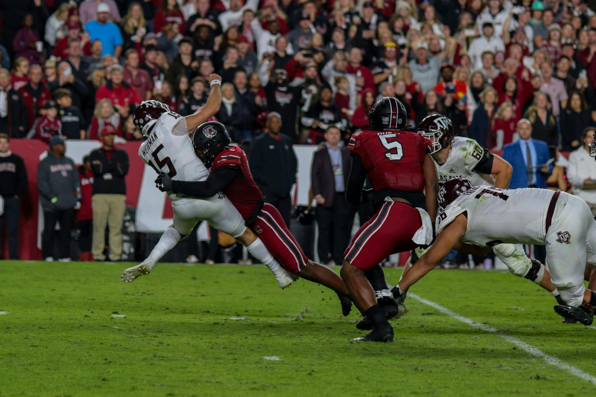 Redshirt sophomore edge Gilber Edmond rushes and almost sacks the quarterback for the Texas A&amp;M Aggies during the fourth quarter at Williams-Brice Stadium on Oct. 22, 2022. South Carolina defeated Texas A&amp;M 30-24.