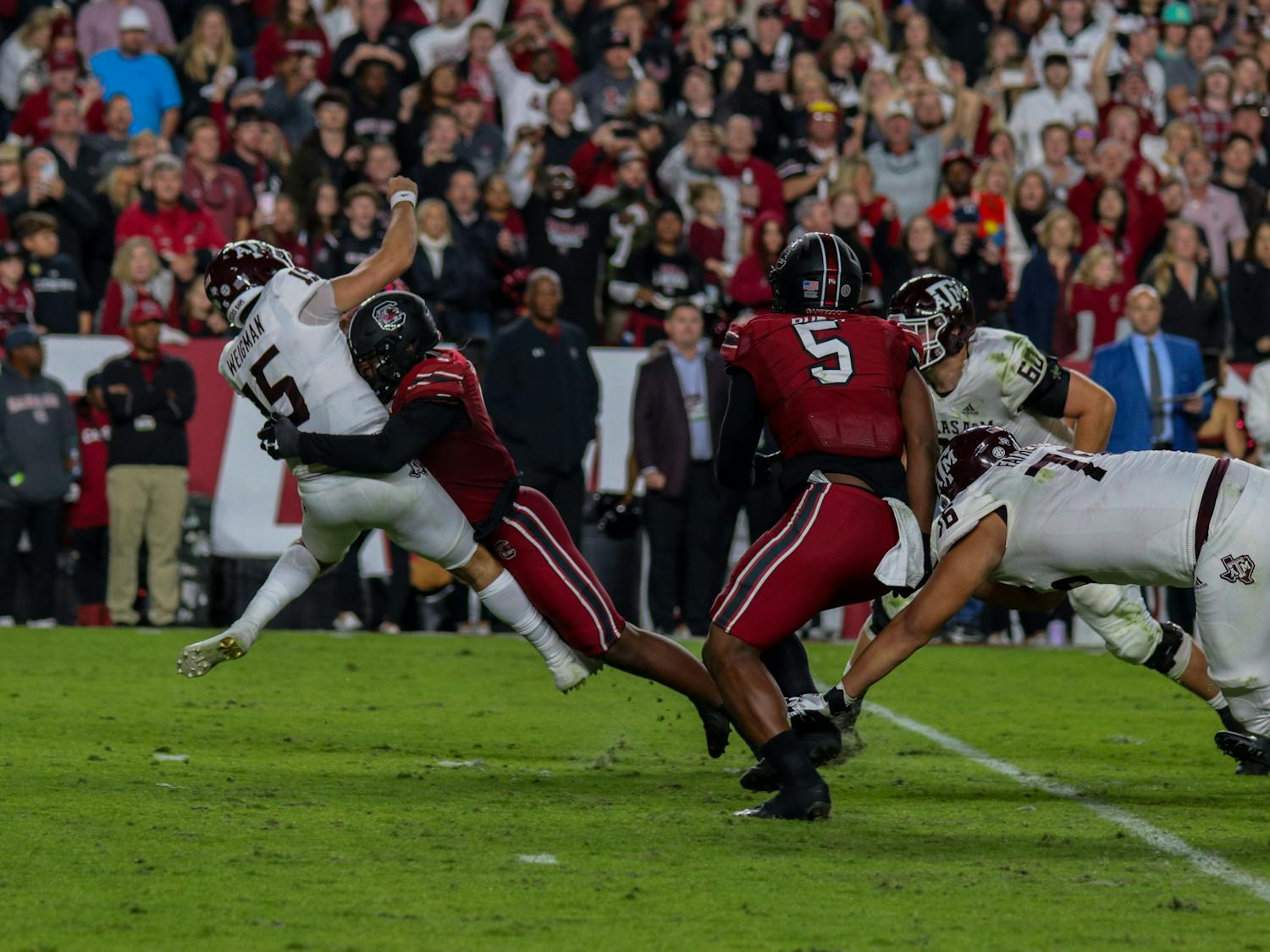 Redshirt sophomore edge Gilber Edmond rushes and almost sacks the quarterback for the Texas A&amp;M Aggies during the fourth quarter at Williams-Brice Stadium on Oct. 22, 2022. South Carolina defeated Texas A&amp;M 30-24.