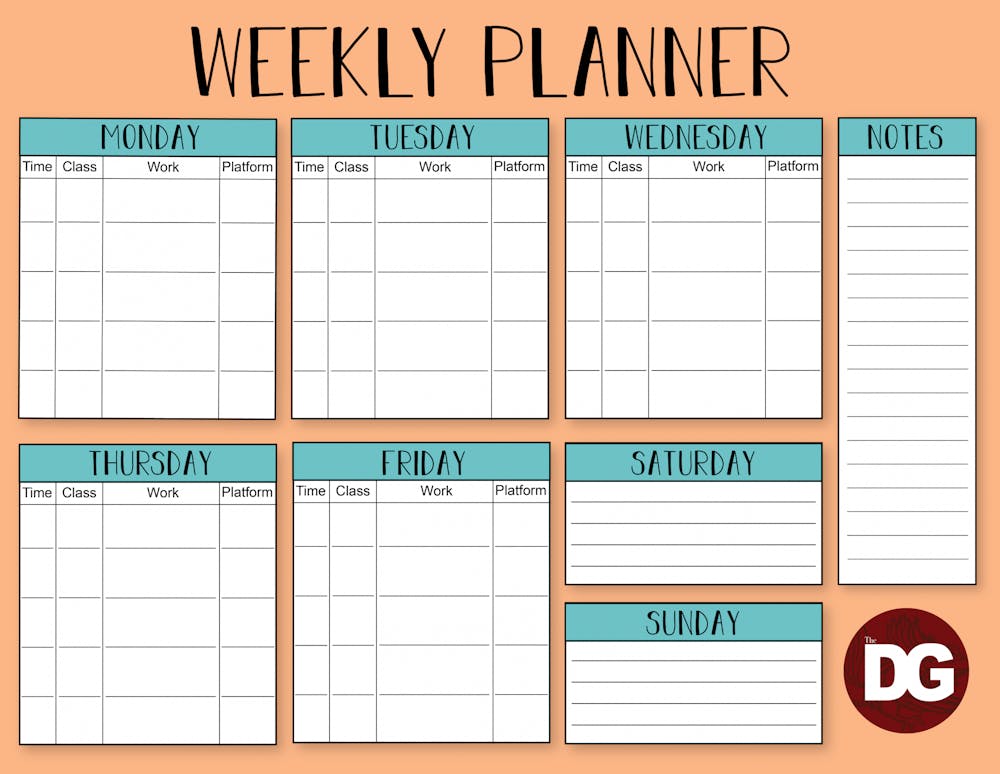 Keeping organized A weekly planner for online classes 