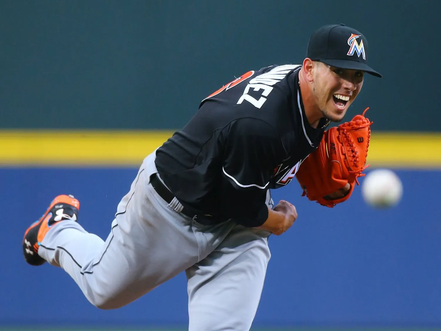 Miami Marlins pitcher Jose Fernandez works against the Atlanta Braves during the first inning at Turner Field in Atlanta on Tuesday, April 22, 2014. (Curtis Compton/Atlanta Journal-Constitution/MCT)