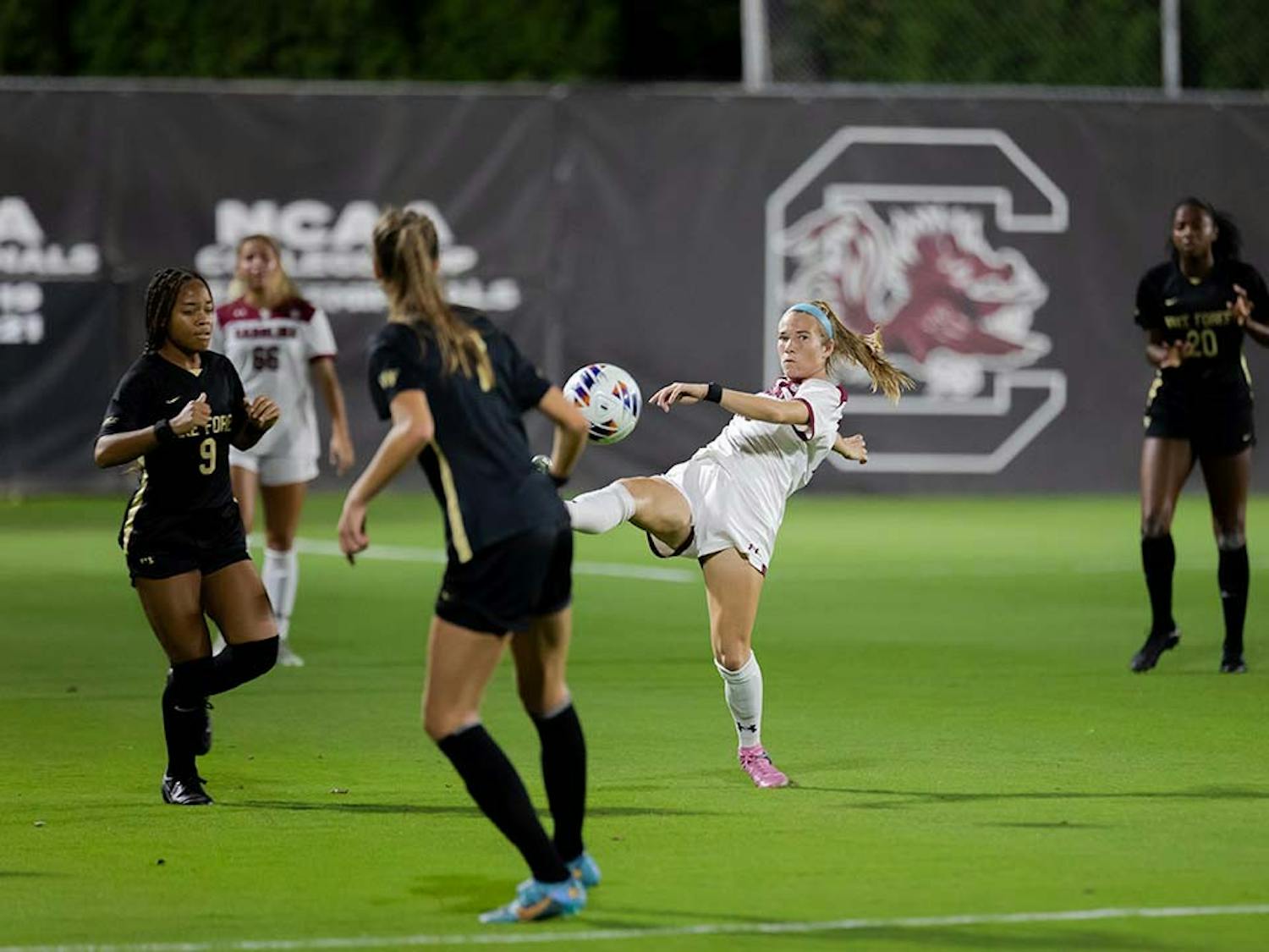Freshman defender Emily Chico follows the ball with her leg to gain control of possession. South Carolina beat Wake Forest 2-0 at Stone Stadium on Nov. 12, 2022.