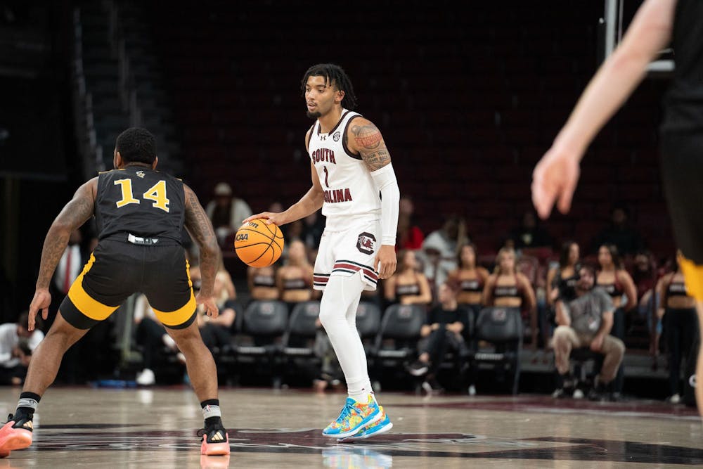 <p>FILE — Senior guard Jacobi Wright sets up a play during matchup against Wooster on Oct. 30, 2024 in the Colonial Life Arena. The Gamecocks defeated Wooster 86-60.</p>