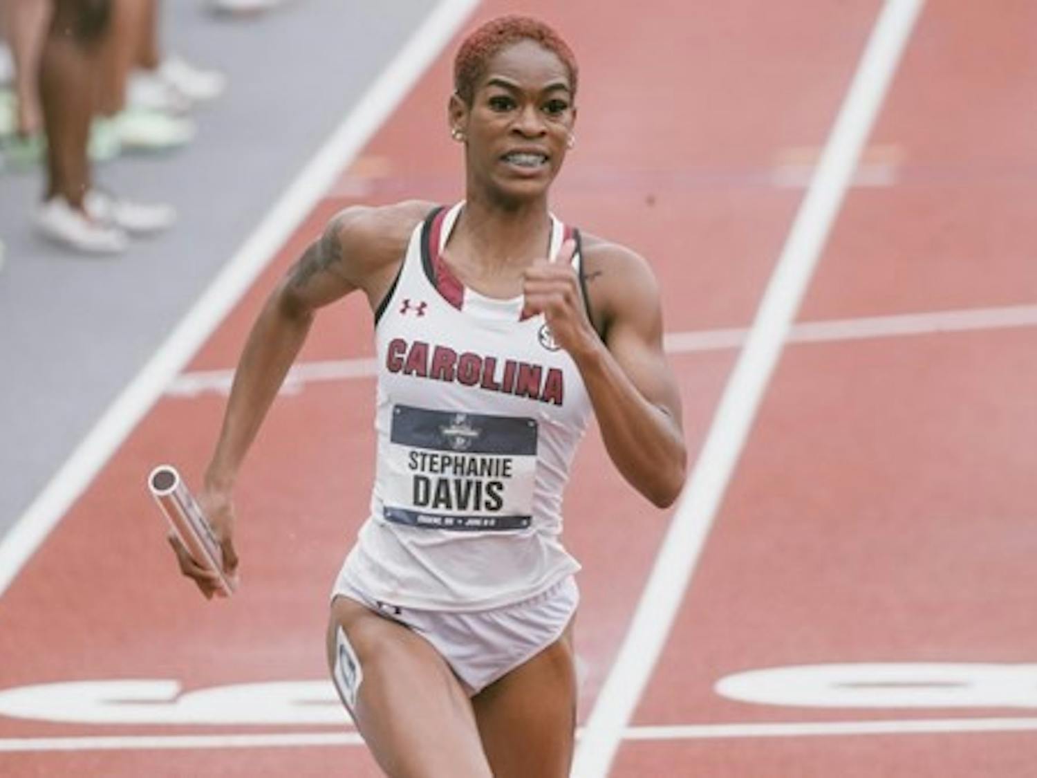 A picture of graduate sprinter Stephanie Davis at the NCAA track and field national championships. Davis competed in the 4x400-meter relay team and earned First Team All-American honors.