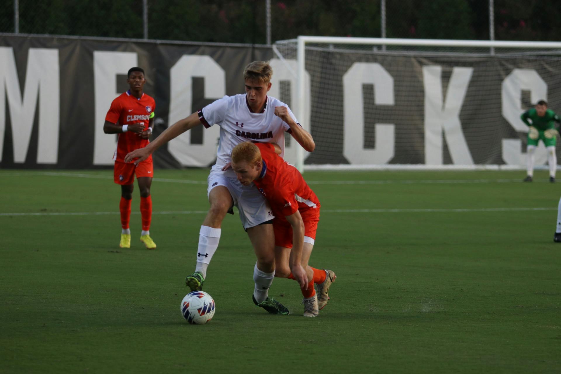 Senior Laurits Lillemose fighting to keep possession during the South Carolina's match against Clemson on Sep. 2, 2022