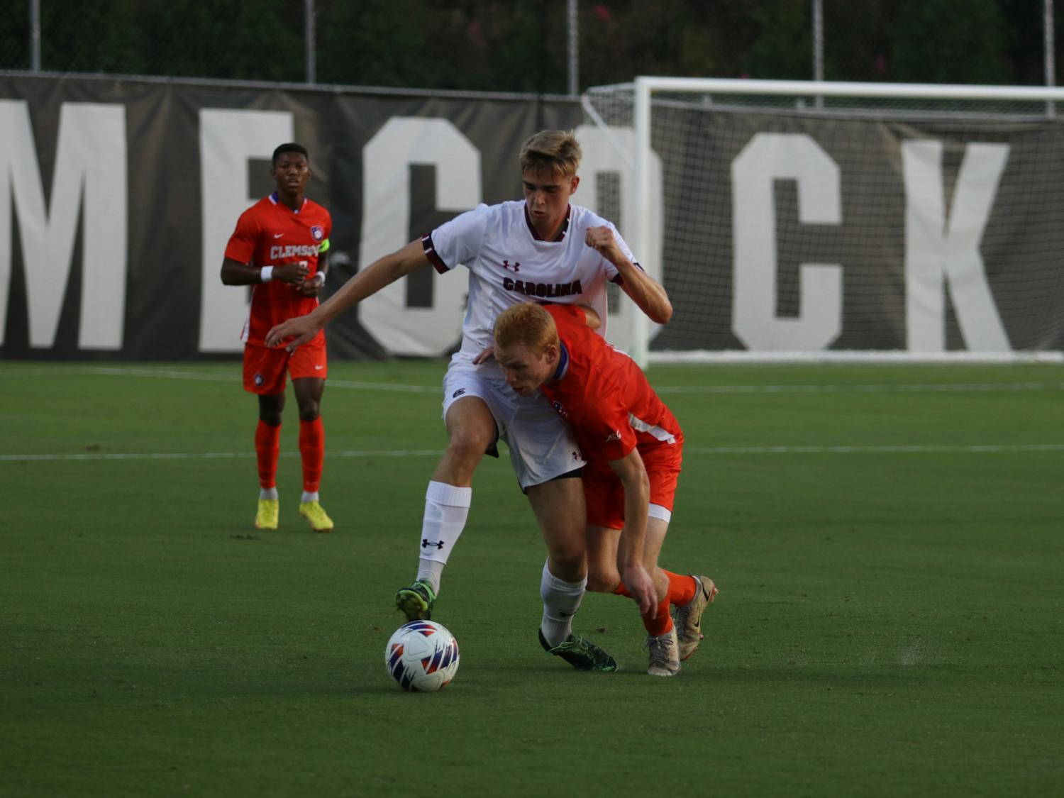 Senior Laurits Lillemose fighting to keep possession during the South Carolina's match against Clemson on Sep. 2, 2022