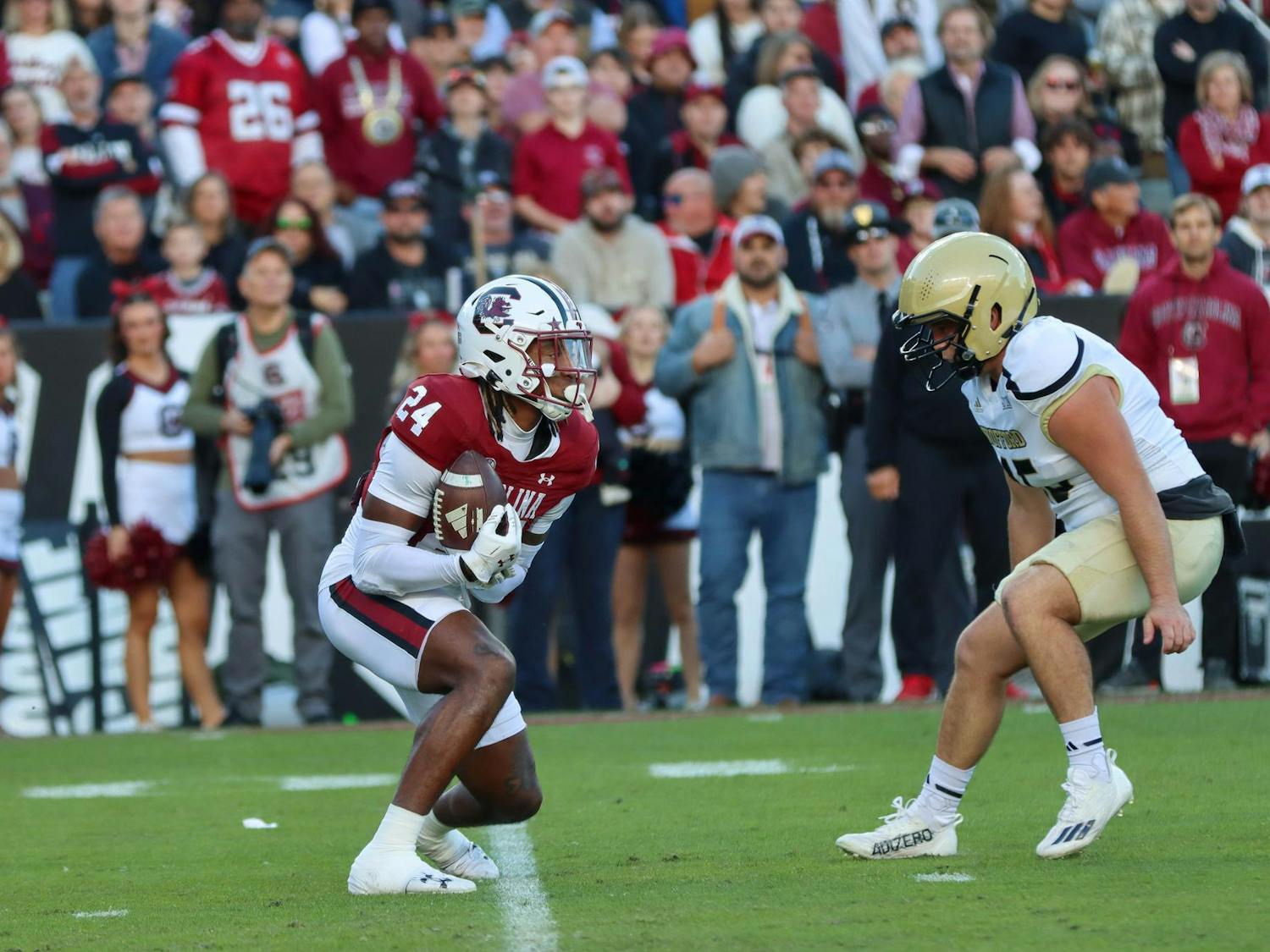 Sophomore defensive back Jalon Kilgore receives the ball after a punt from the Wofford Terriers during the final regular conference game of the season on Nov. 23, 2024. The 56-12 win over the Terriers leaves the Gamecocks with an overall record of 8-3.