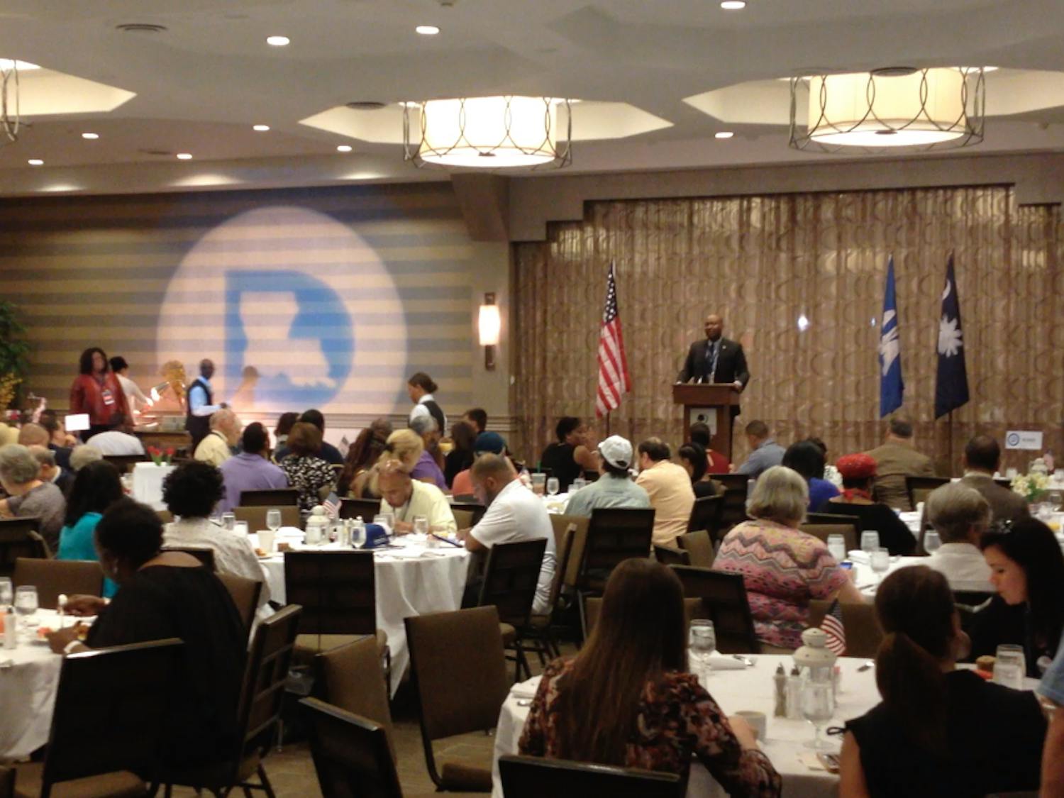South Carolina Democratic Party Chairman Jaime Harrison speaks to the South Carolina and Louisiana delegations at a joint breakfast at the Democratic National Convention in Philadelphia on July 26, 2016.