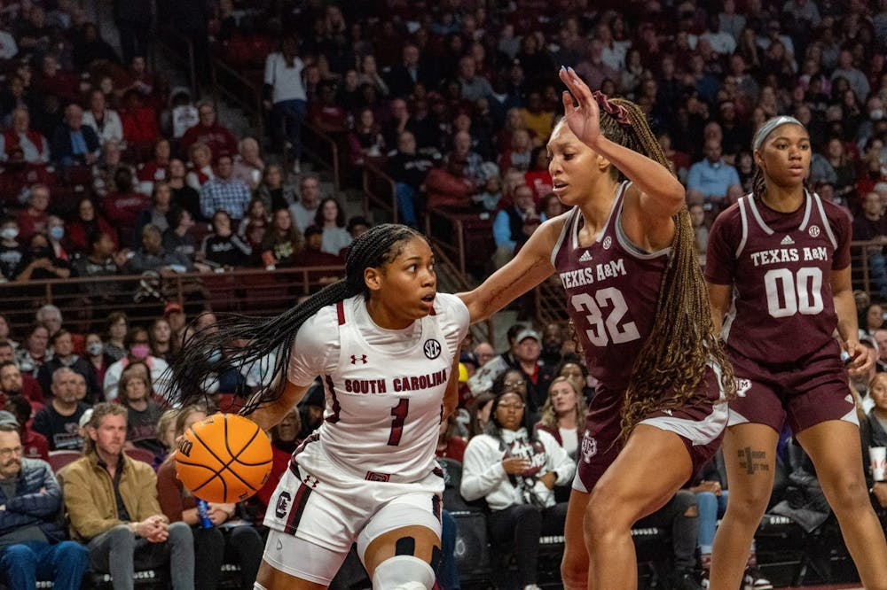 <p>FILE—Senior guard Zia Cooke moves around her opponent during a lay-up attempt in a game against Texas A&amp;M on Dec. 29. 2022, at Colonial Life Arena. South Carolina defeated Texas A&amp;M 76-34 in their SEC-opener scoring a dominant victory over the team.</p>