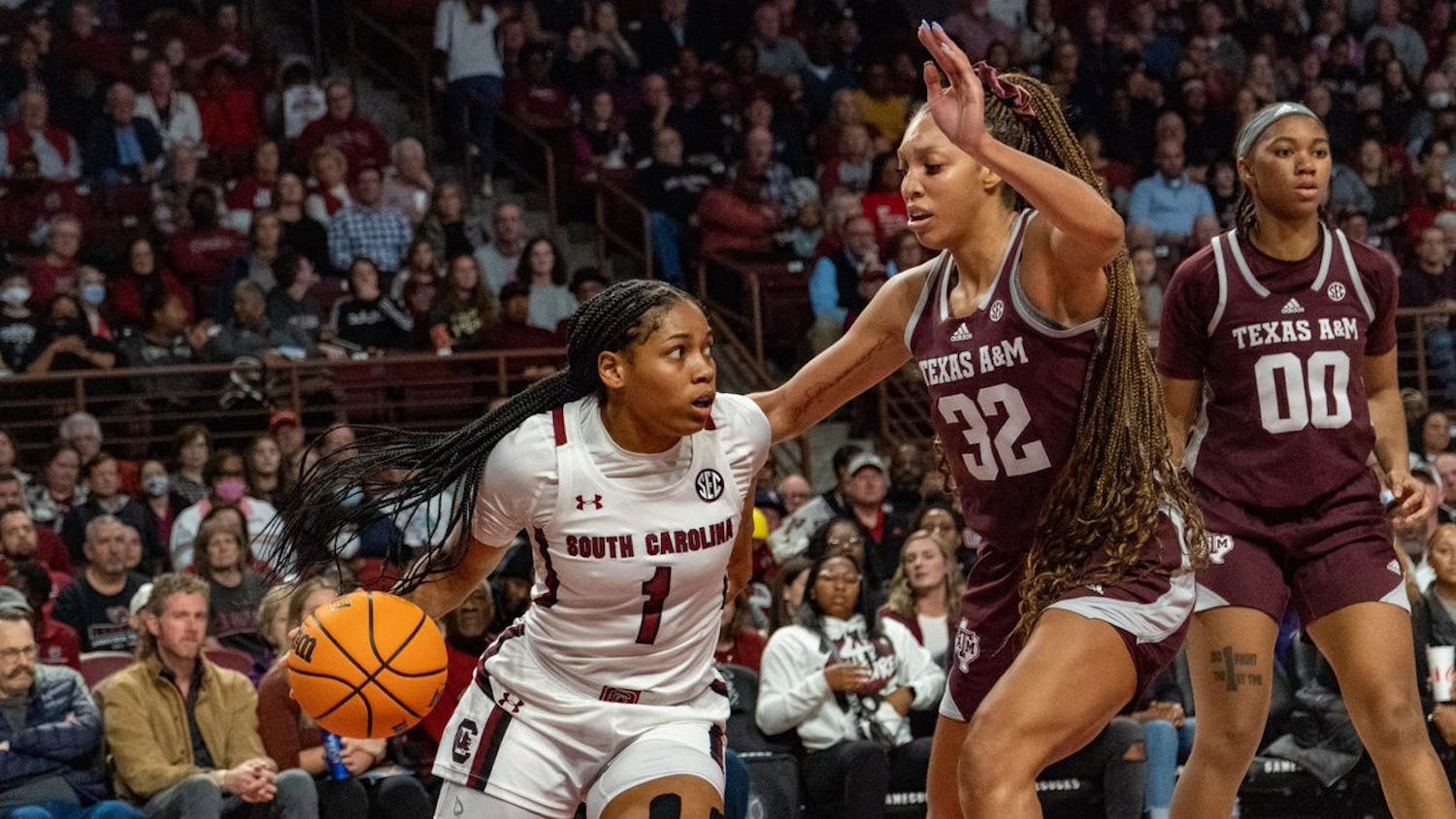 FILE—Senior guard Zia Cooke moves around her opponent during a lay-up attempt in a game against Texas A&amp;M on Dec. 29. 2022, at Colonial Life Arena. South Carolina defeated Texas A&amp;M 76-34 in their SEC-opener scoring a dominant victory over the team.