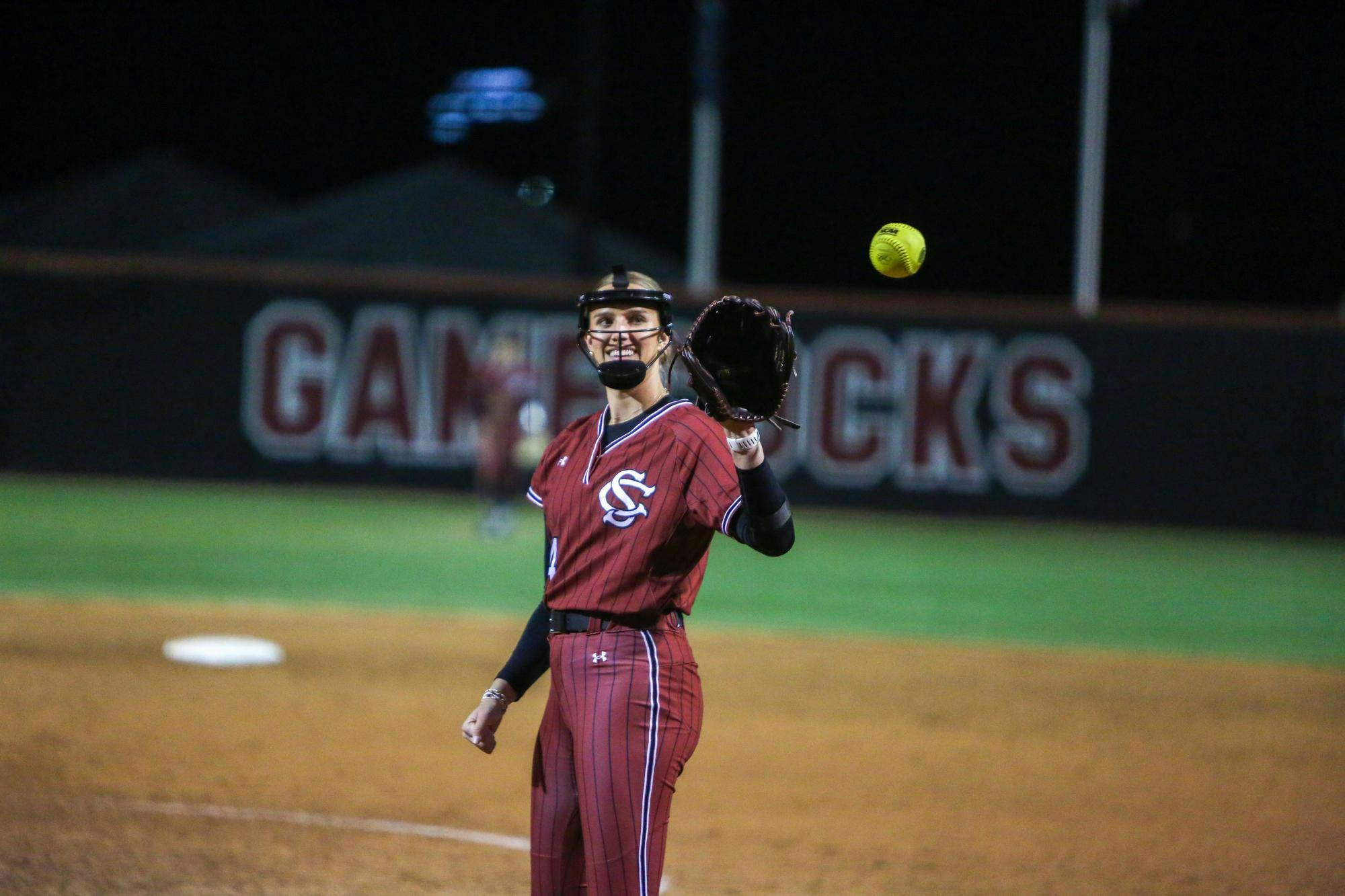 Junior pitcher Nealy Lamb catches a toss in the game against Kennesaw State at the Carolina Softball Stadium at Beckham Field on Feb. 14, 2026. Lamb worked 1.1 scoreless innings with two strikeouts in South Carolina's 12-0 victory against Kennesaw State.