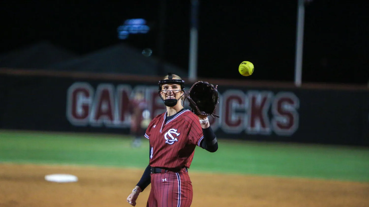 Junior pitcher Nealy Lamb catches a toss in the game against Kennesaw State at the Carolina Softball Stadium at Beckham Field on Feb. 14, 2026. Lamb worked 1.1 scoreless innings with two strikeouts in South Carolina's 12-0 victory against Kennesaw State.