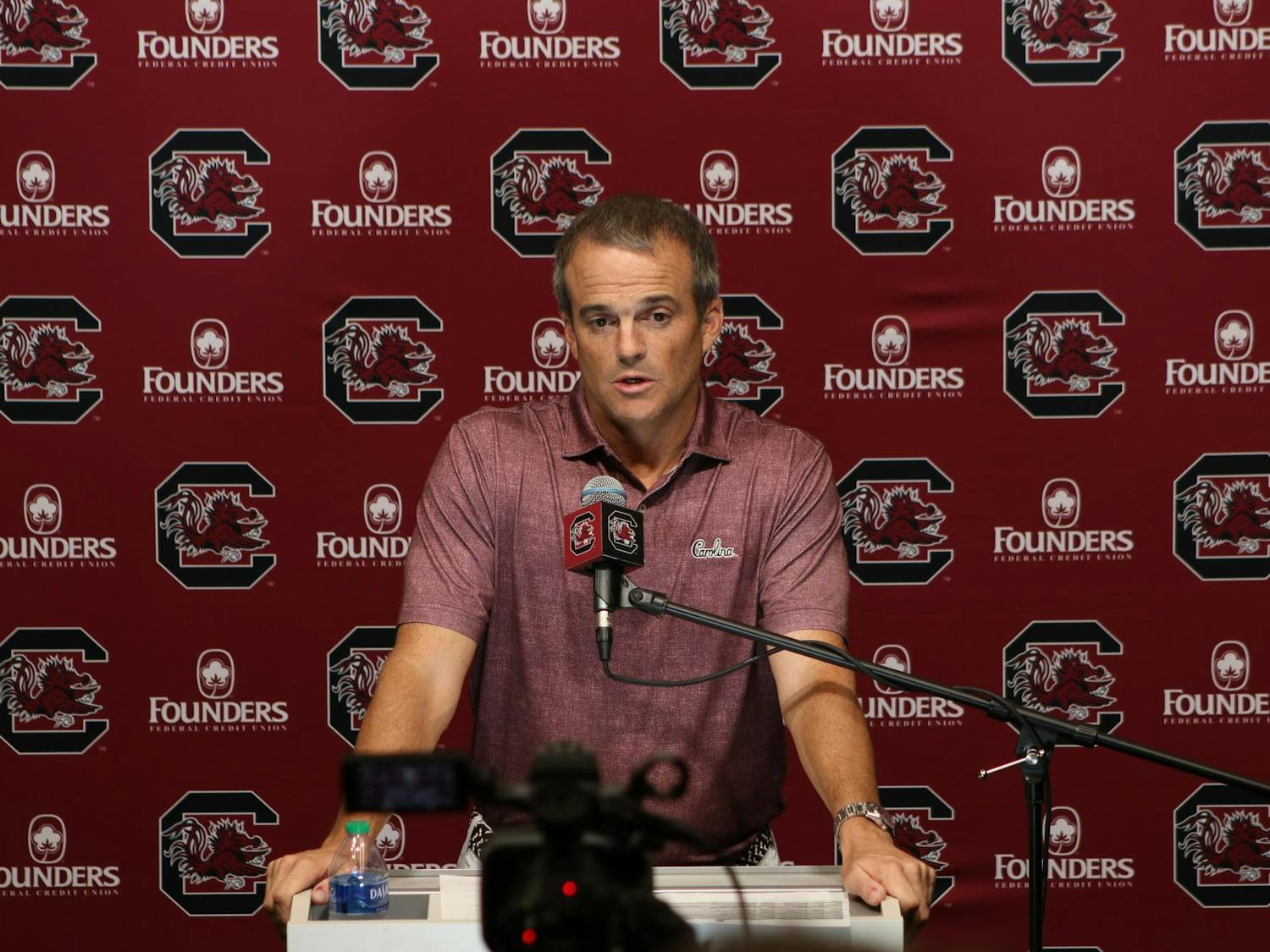 Gamecock football head coach Shane Beamer addresses the media regarding last week’s game vs. Mississippi State and this week’s game at Tennessee at the Gamecock Football Operations building on Sep. 26, 2023. Beamer spoke about the challenges facing the team, such as playing a night game at Neyland Stadium and the injury status of various players. 