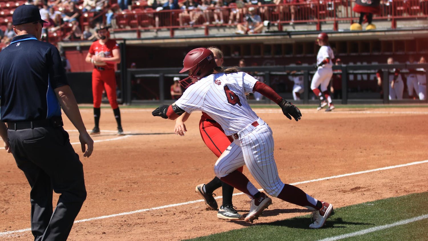 Senior infielder Brooke Blankenship fights to head back to third base at Carolina Softball Stadium during the game on Mar. 23, 2025. The Gamecocks lost to the Texas Tech Red Raiders, 5-6, in a close matchup. 