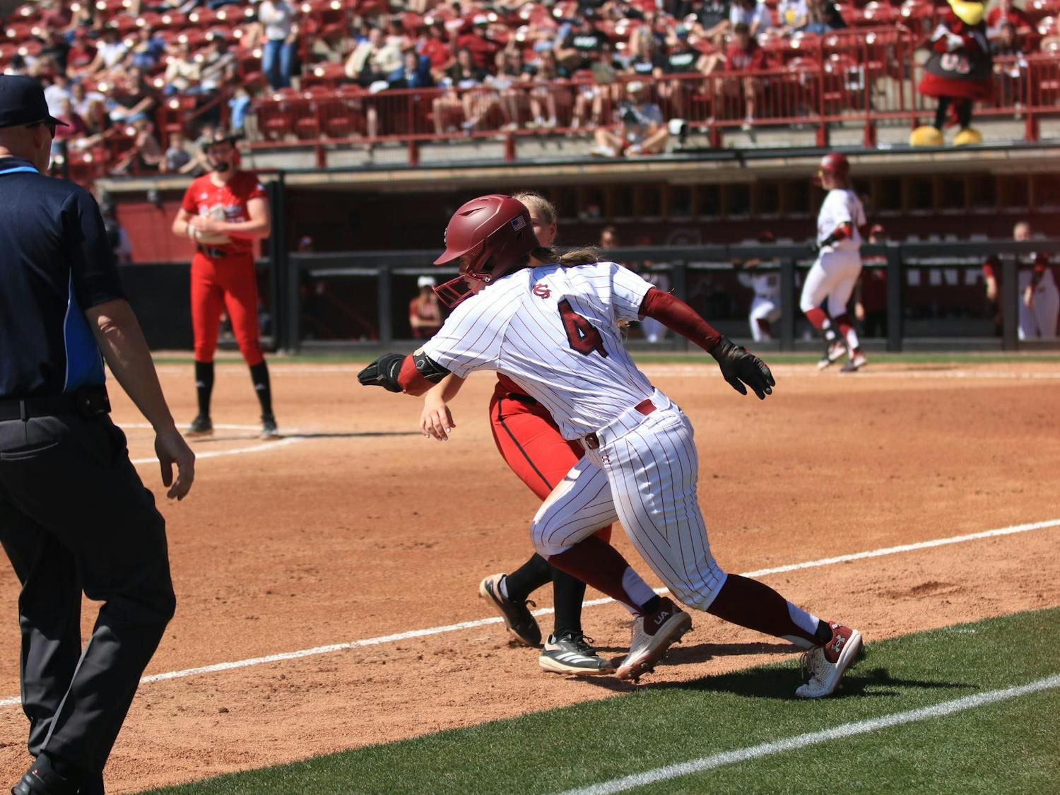 Senior infielder Brooke Blankenship fights to head back to third base at Carolina Softball Stadium during the game on Mar. 23, 2025. The Gamecocks lost to the Texas Tech Red Raiders, 5-6, in a close matchup. 