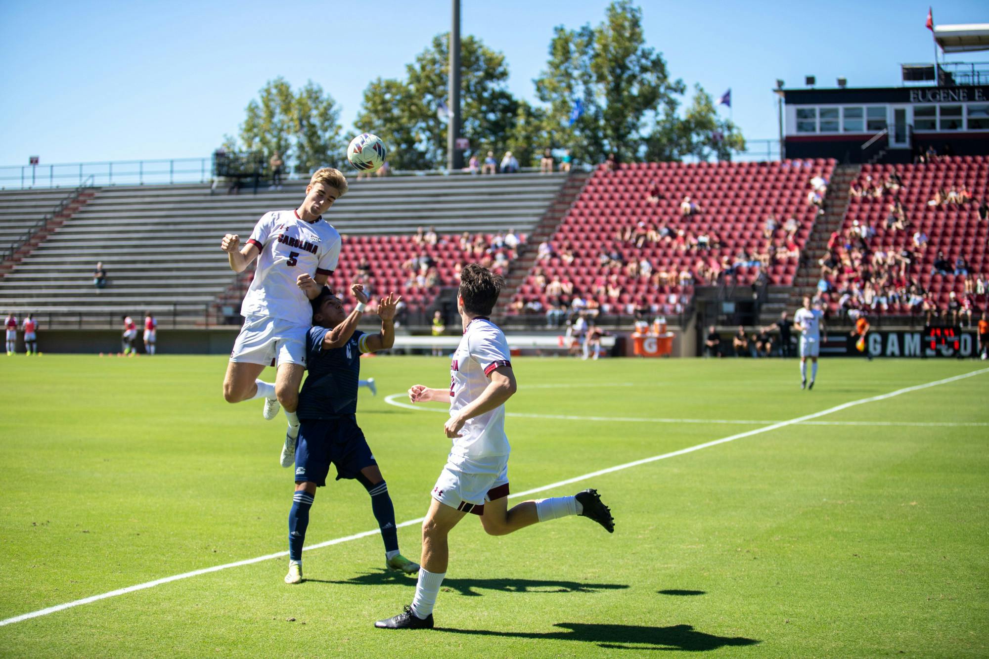 Freshman defender William Nilsson, heads the ball to pass to the outside wing at the during South Carolina's matchup with Georgia Southern on Saturday, Sept. 24th, 2022. &nbsp;