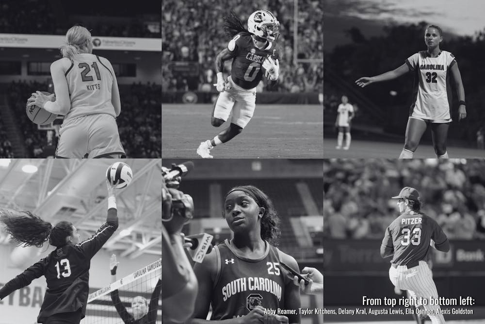Photographic collage of USC athletes playing their sports in all black and white photos. The photographer's names are in the bottom right corner.