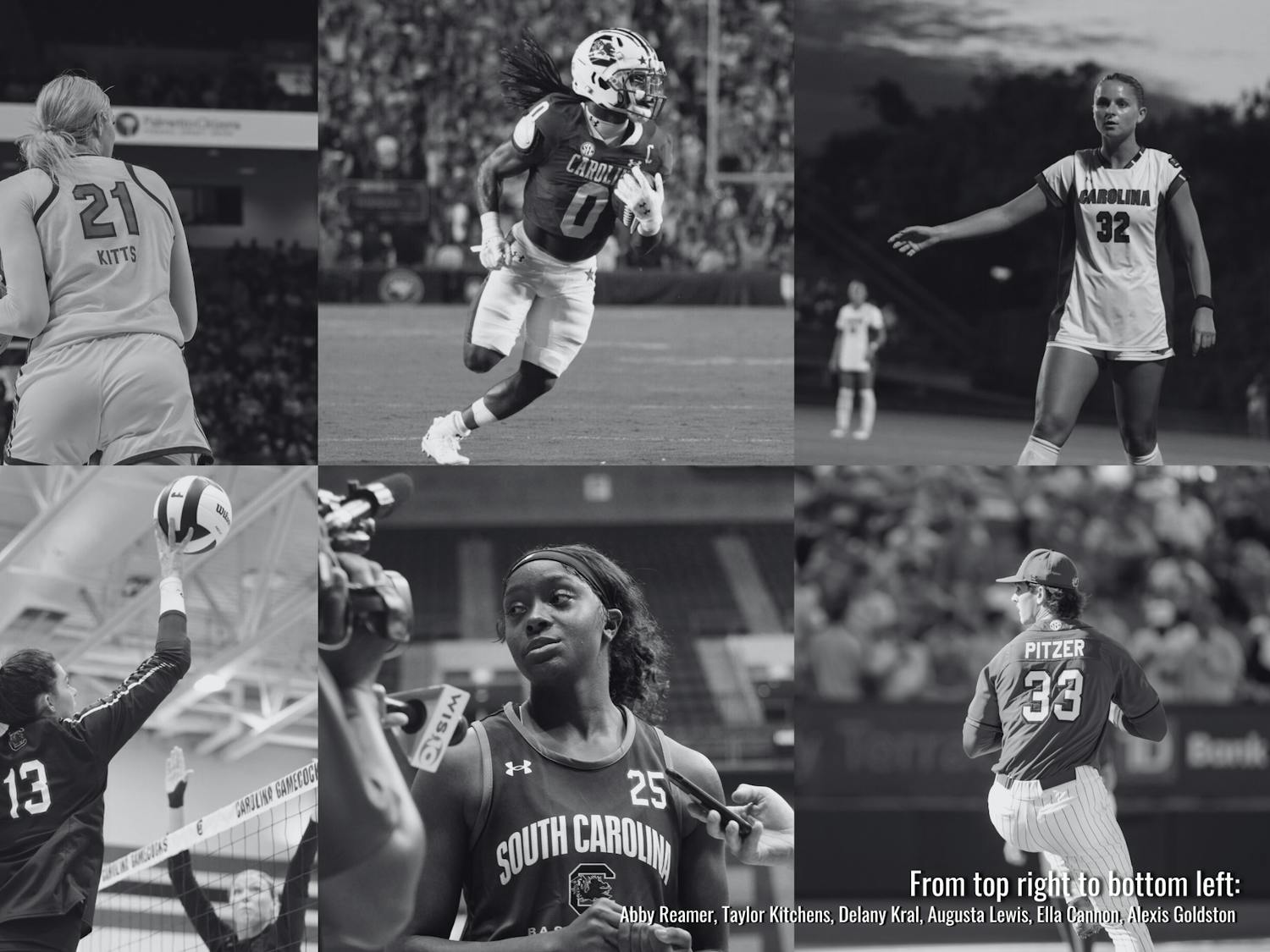 Photographic collage of USC athletes playing their sports in all black and white photos. The photographer's names are in the bottom right corner.
