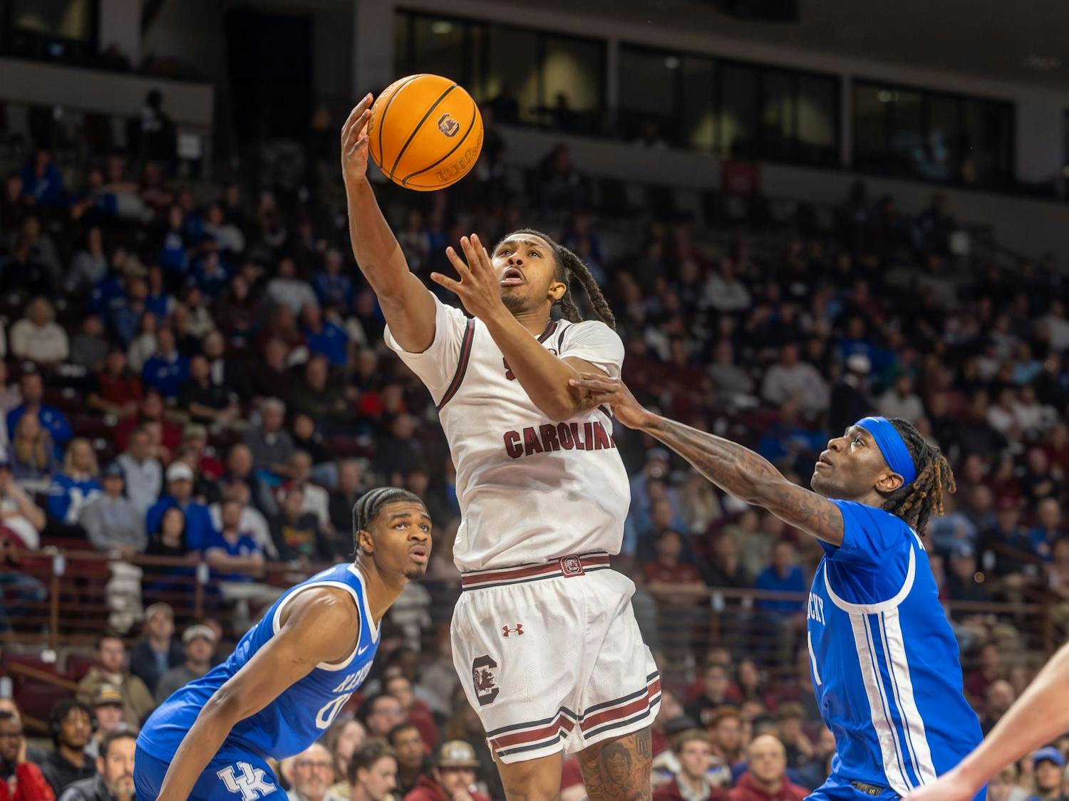 Redshirt senior guard Meechie Johnson performs a layup during the game against Kentucky on Feb. 24, 2026. Johnson made three steals, his highest of the season.