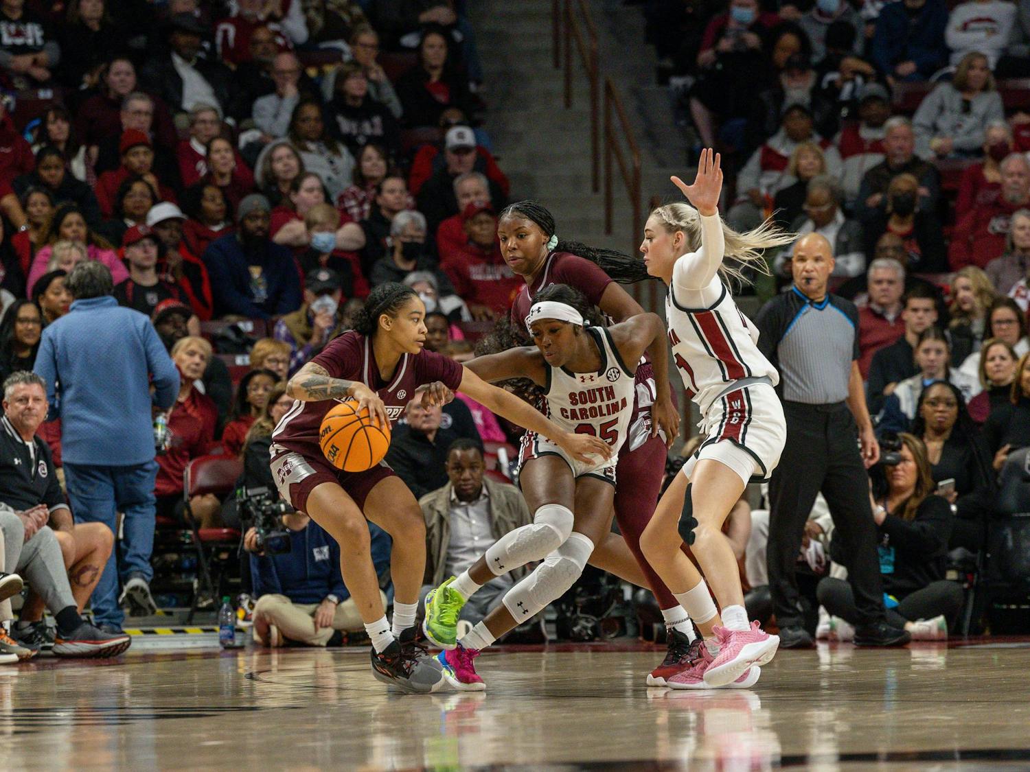 Sophomore forward Chloe Kitts attempts to make a defensive stop against a Mississippi State player at Colonia Life Arena on Jan. 7, 2024. Kitts scored 12 points in the Gamecocks' victory over the Bulldogs.