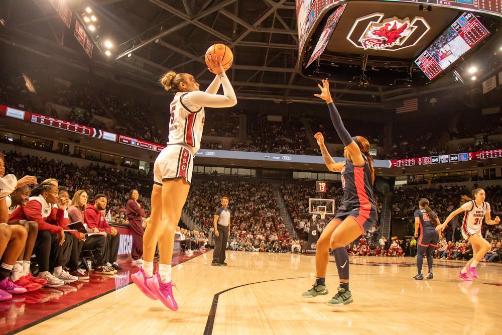 <p>Junior guard Tessa Johnson jumps to shoot a three-pointer against Ole Miss on Feb. 22, 2026 at the Colonial Life Arena. Johnson had six rebounds, five which were defensive rebounds.</p>