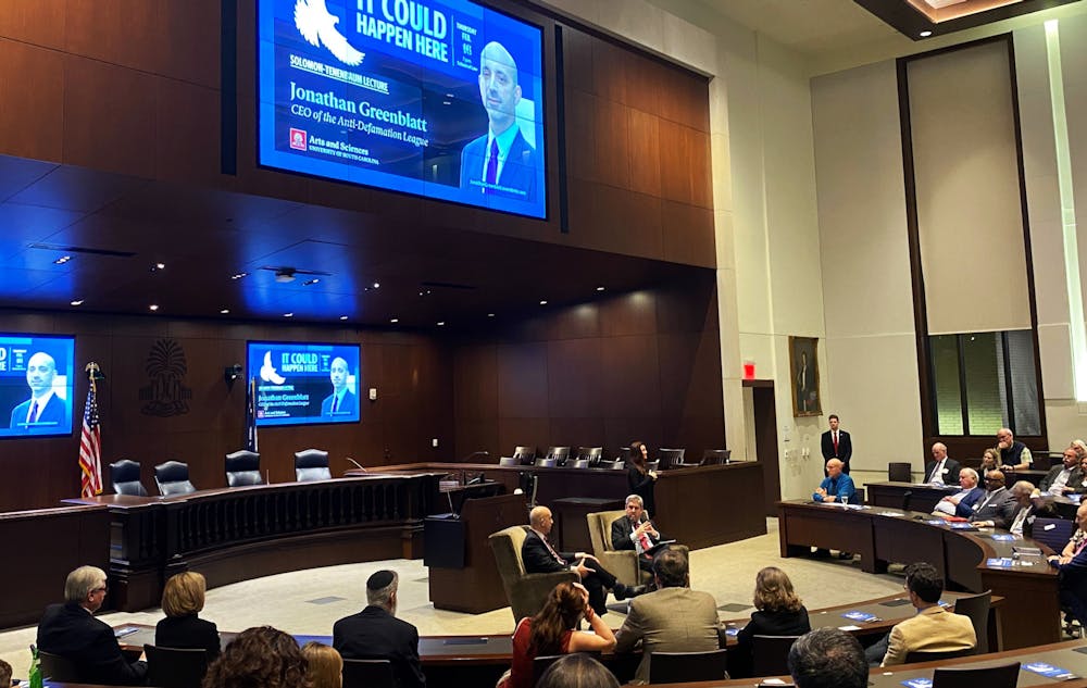 <p>Jonathan Greenblatt, the CEO of the Anti-Defamation League, presents the 2023 Solomon-Tenenbaum Lecture at the University of South Carolina School of Law on Feb. 16, 2023. The lecture talked about anti-Semitism in America and how people can stand against tolerance of it.</p>