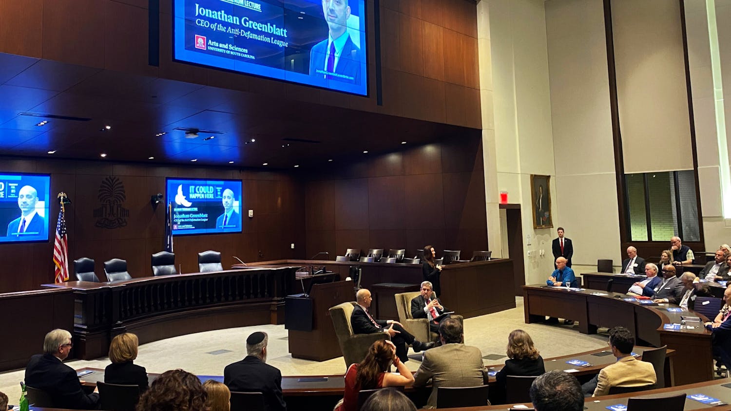 Jonathan Greenblatt, the CEO of the Anti-Defamation League, presents the 2023 Solomon-Tenenbaum Lecture at the University of South Carolina School of Law on Feb. 16, 2023. The lecture talked about anti-Semitism in America and how people can stand against tolerance of it.