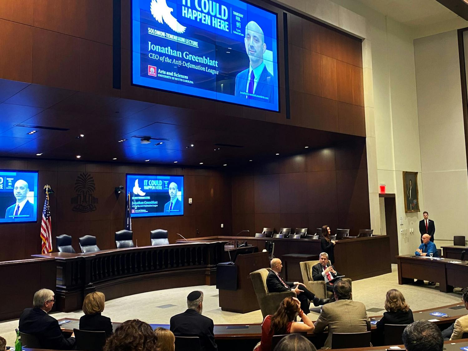 Jonathan Greenblatt, the CEO of the Anti-Defamation League, presents the 2023 Solomon-Tenenbaum Lecture at the University of South Carolina School of Law on Feb. 16, 2023. The lecture talked about anti-Semitism in America and how people can stand against tolerance of it.