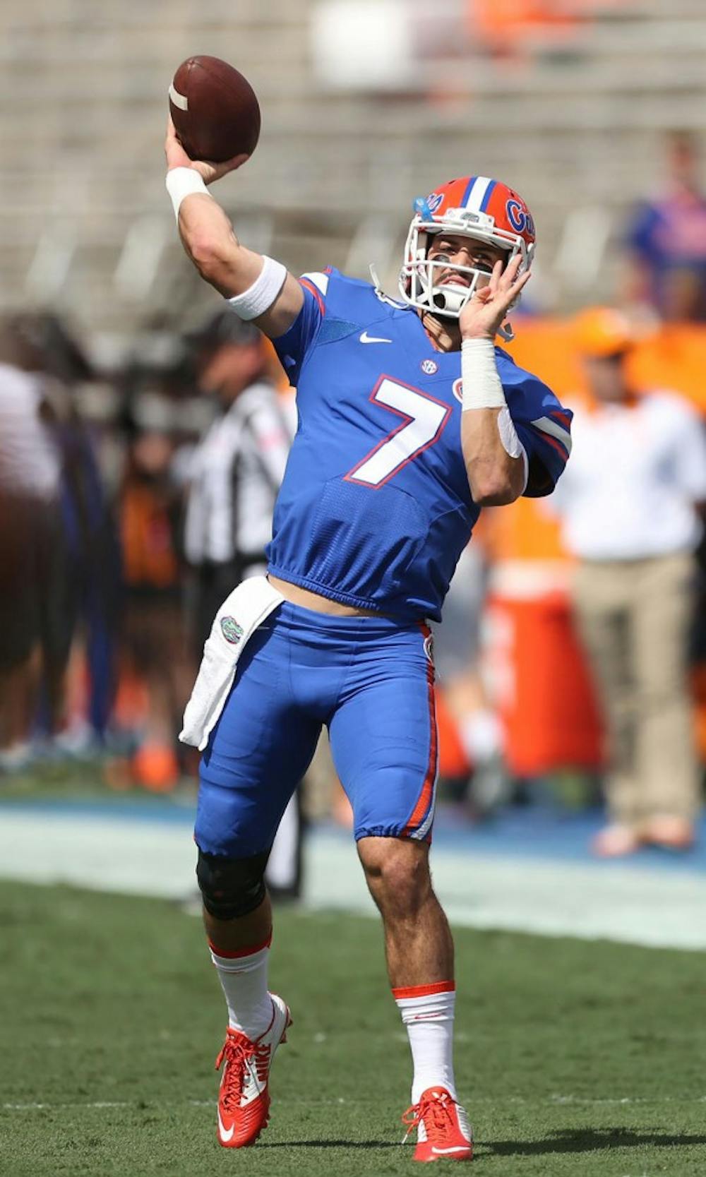 Florida quarterback Will Grier warms up before the start of play against Tennessee at Ben Hill Griffin Stadium in Gainesville, Fla., on Saturday, Sept. 26, 2015. (Stephen M. Dowell/Orlando Sentinel/TNS)